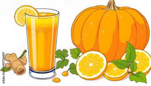 Vitamin pumpkin drink with ginger, honey and lemon. Autumn pumpkin juice highlighted by white, png photo