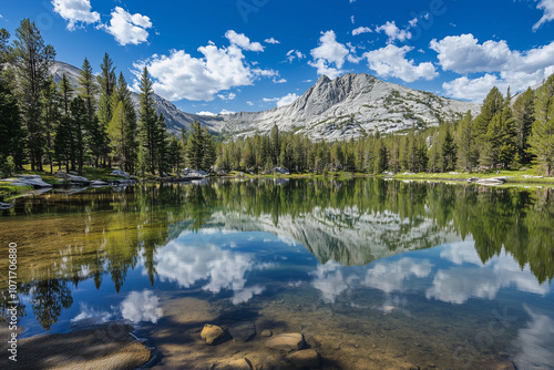 Mountain landscape with stunning reflections and pine trees. Generative AI