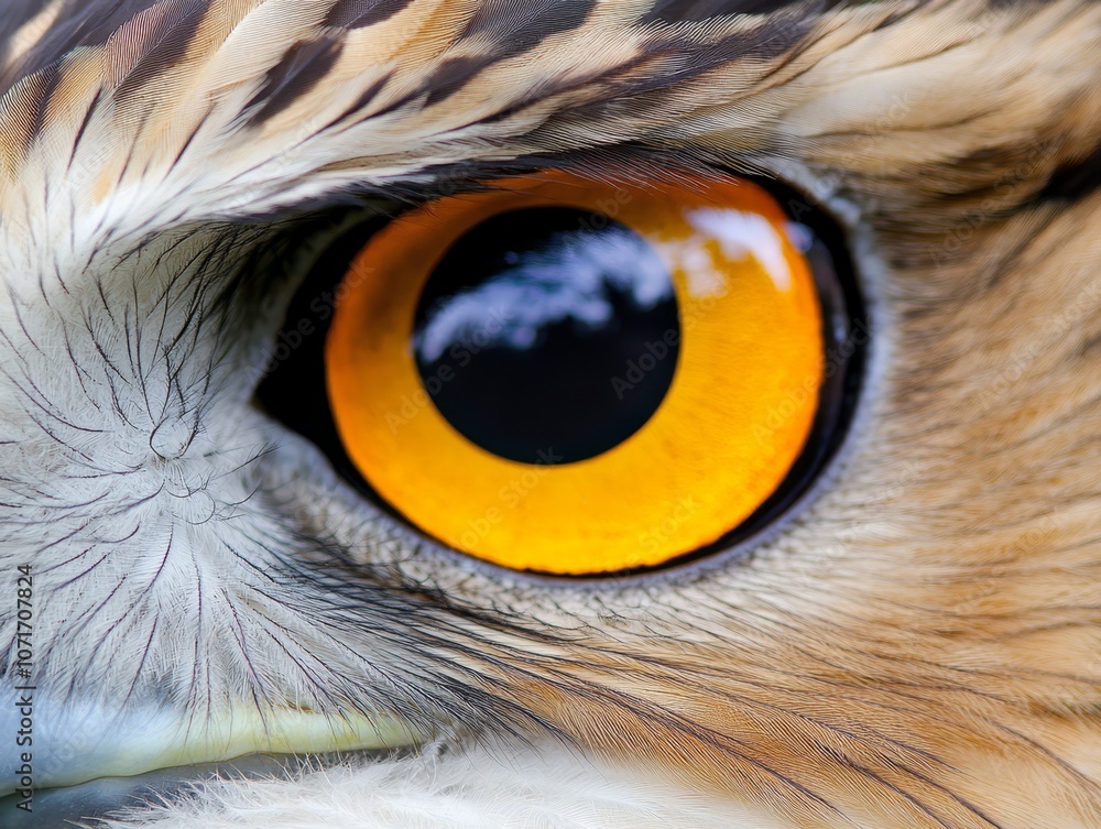A close up of an owl's eye with yellow iris A close up of an owl's eye with yellow iris