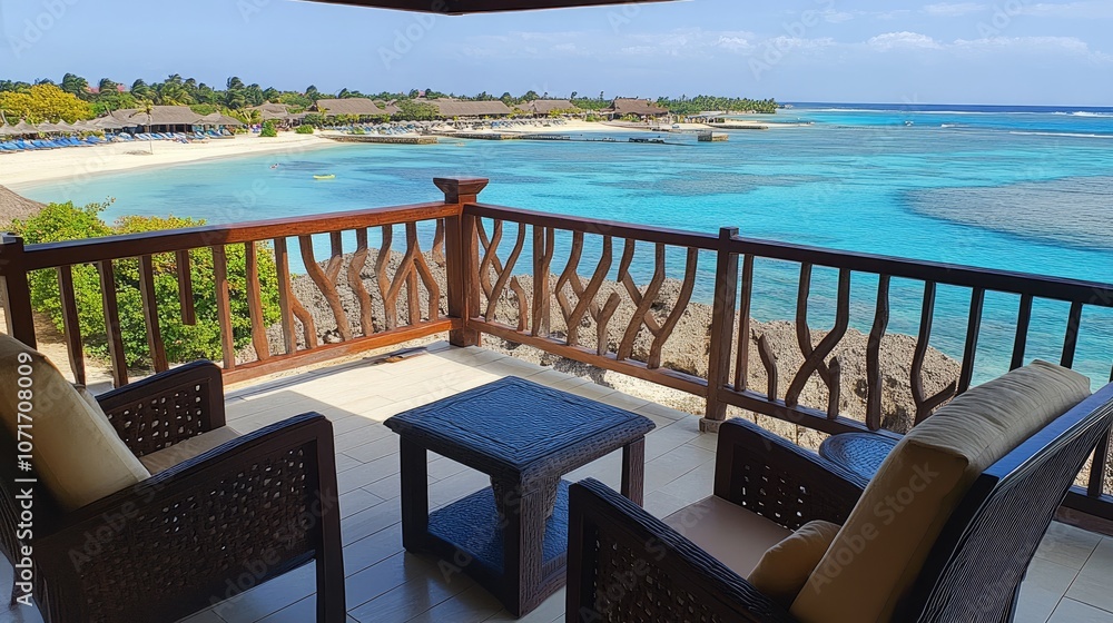 Fototapeta premium Scenic Coastal View from a Resort Balcony