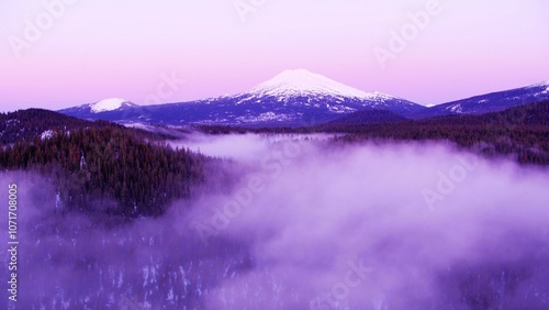 Misty foggy mountain landscape with fir forest and Winter Rocky Mountain 