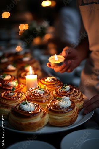 a waiter lighting a candle beside Swedish cinn photo