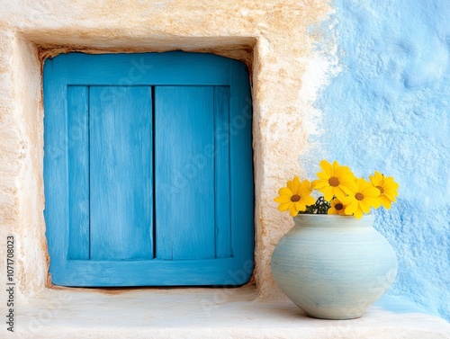A vase of yellow flowers sitting in front of a blue door