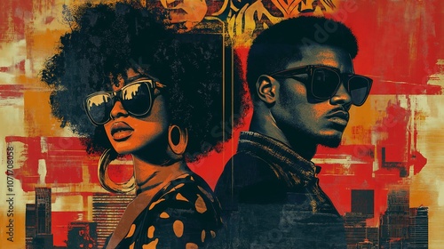 Afro House Party promotional poster featuring a split-screen portrait of a man and a woman with bold afro hairstyles, wearing dark aviator sunglasses