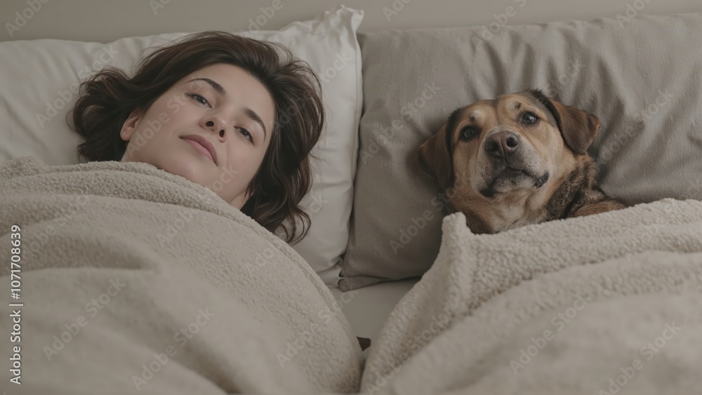 Generative AI, a person and dog lying side by side in bed, each on a pillow, sharing a moment of calm and warmth Generative AI, a person and dog lying side by side in bed, each on a pillow, sharing a moment of calm and warmth