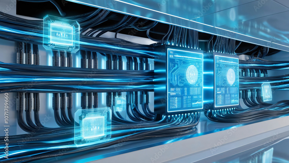 Futuristic data hub with glowing circuits, broadband cables, and holographic data visualization creates high tech atmosphere Futuristic data hub with glowing circuits, broadband cables, and holographic data visualization creates high tech atmosphere