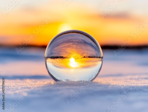 A glass ball sitting on top of a snow covered ground photo