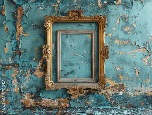 An ornate golden picture frame stands against a peeling turquoise wall, suggesting artistic potential. photo