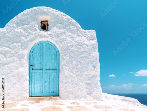 A white building with a blue door on the side of it