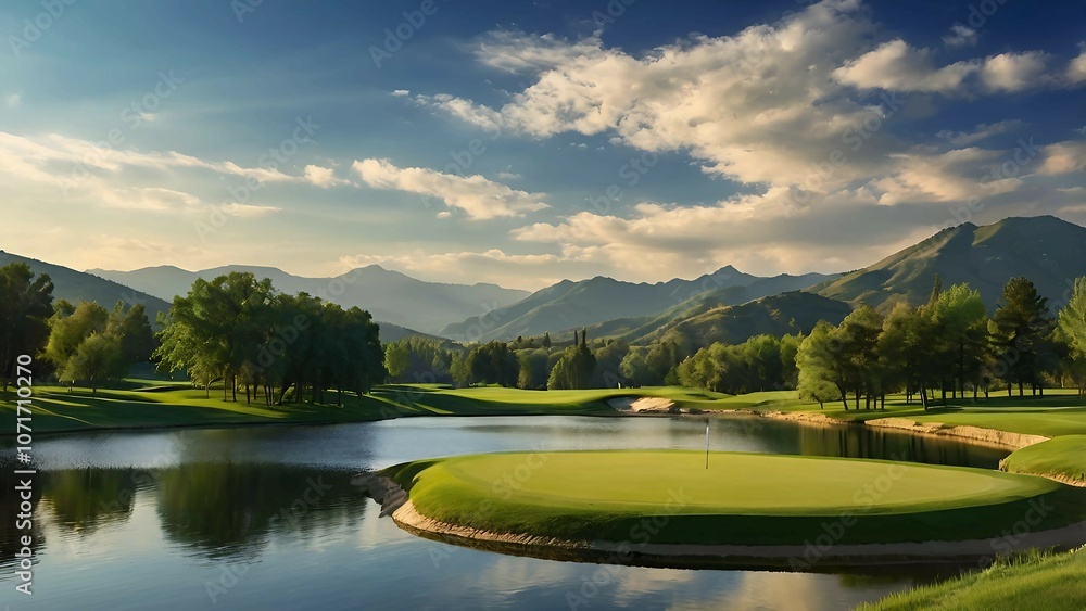 Fototapeta premium Serene Lakeside Golf Course with Mountain View