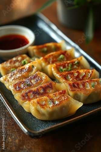 stock photo A plate of gyoza with dipping sauc