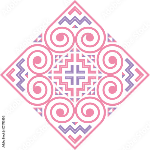 Pink-purple Hmong ethnic pattern imitating Hmong embroidery, a traditional pattern used in designing clothes, bags, shoes, etc.