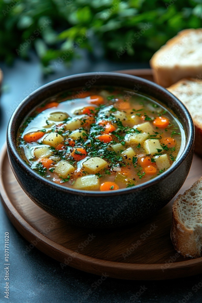 Vegetable soup with a side of whole-grain brea Vegetable soup with a side of whole-grain brea