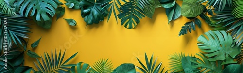 An eye-catching image of tropical leaves against a vivid yellow background, combining vibrancy and simplicity in a stylish composition. photo