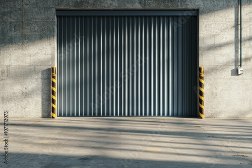 Industrial sliding gate at a warehouse entrance, dramatic shadows highlighting metal textures, moody urban environment photo