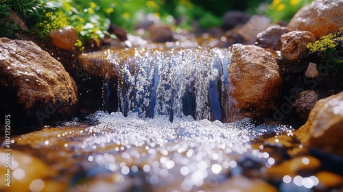 Small waterfall with rocks and green foliage in the background. photo