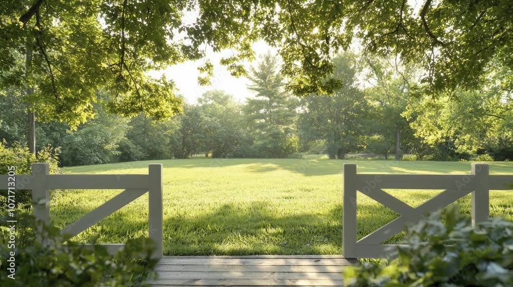 Fototapeta premium Sliding gate leading into a secluded backyard, dappled sunlight filtering through trees, cozy and intimate outdoor space.