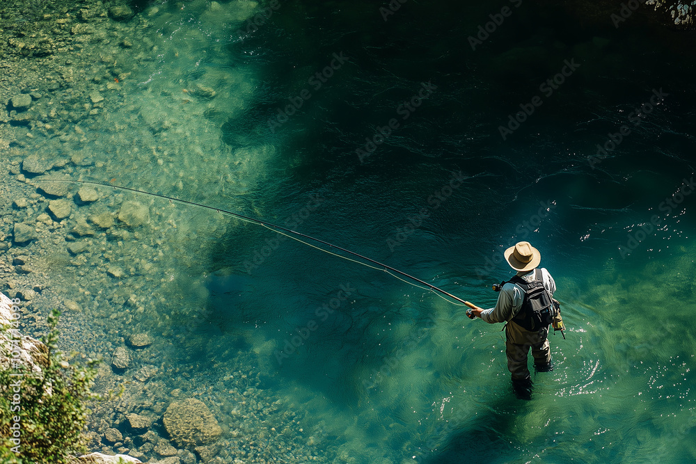 Scene of a fisherman casting a line into a clear, flowing river. Generative AI Scene of a fisherman casting a line into a clear, flowing river. Generative AI