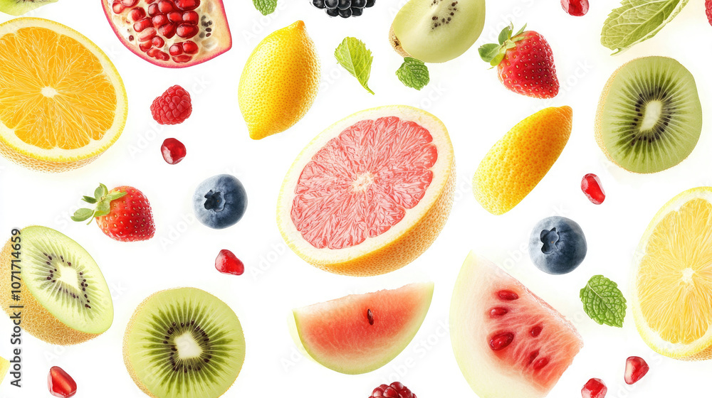 Slices of oranges, kiwis, and various fruits Slices of oranges, kiwis, and various fruits