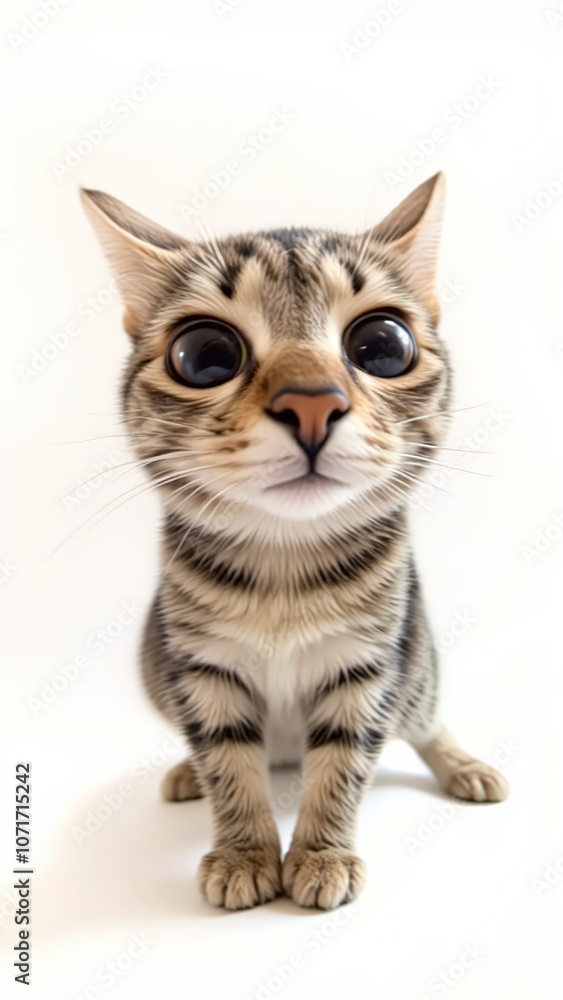 Obraz premium Generative AI, Close-up of a Munchkin cat with short legs and large eyes against a white background