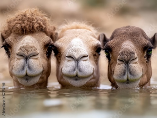 Three camels are standing in the water looking at the camera photo