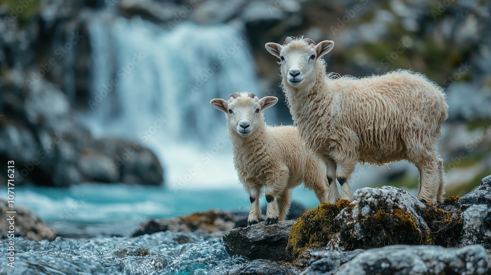 Fototapeta premium Two young mountain sheep with fluffy coats stand on rocky terrain by a flowing river and waterfall, displaying their natural curiosity.