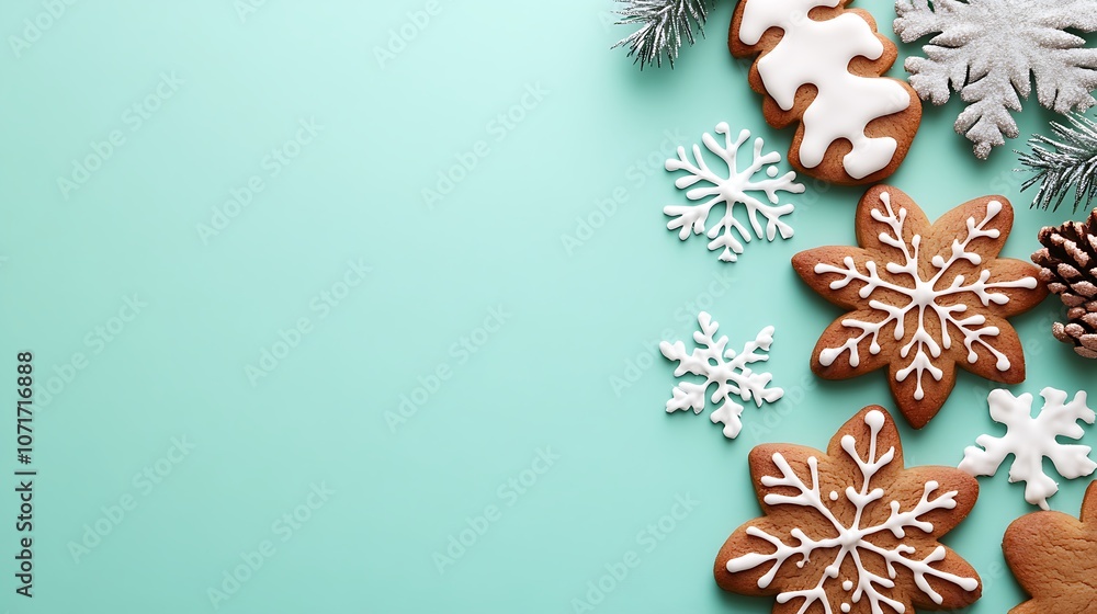 Festive arrangement of gingerbread cookies and snowflakes on a light blue background. Festive arrangement of gingerbread cookies and snowflakes on a light blue background.