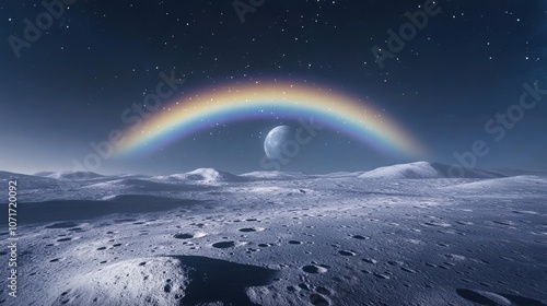 Witness the ethereal moonbow gracefully arching over a dreamy lunar landscape photo