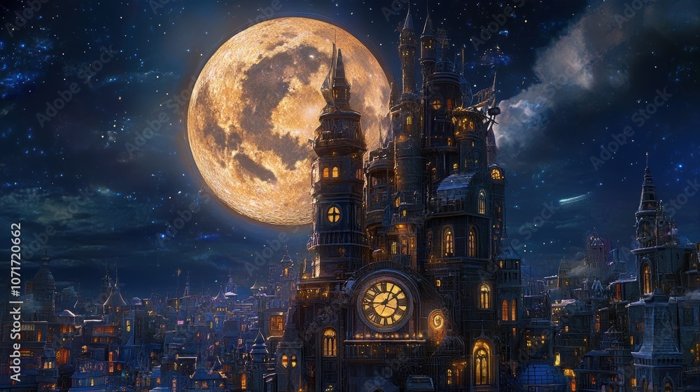 Obraz premium Explore the whimsical moon phase clock tower under a giant lunar landscape