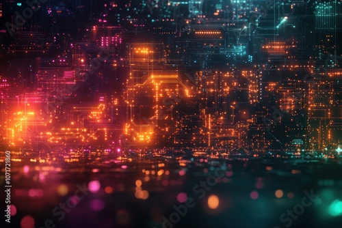 Abstract digital background with glowing lines and circuits.