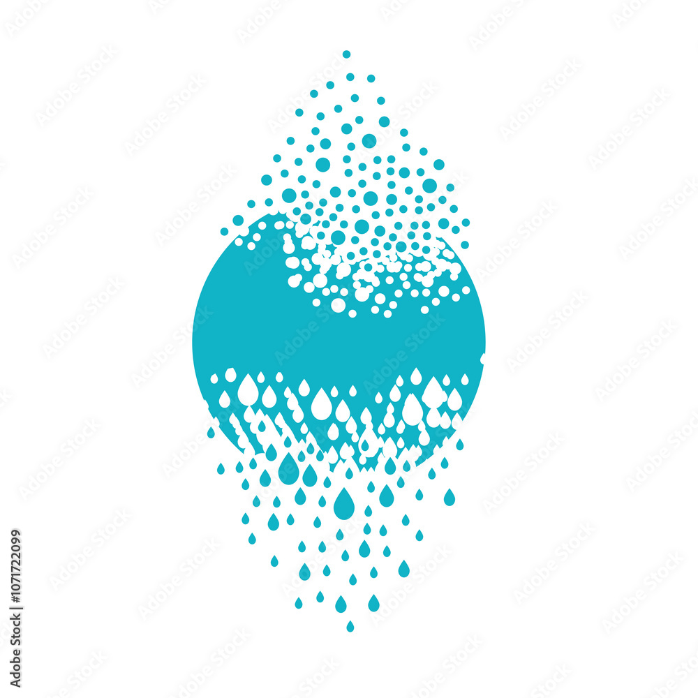 Obraz premium The circle shape dissipates into a cloud of bubbles and dissolves into droplets. The liquid drops fall as precipitation. The effect of destruction. Dispersion