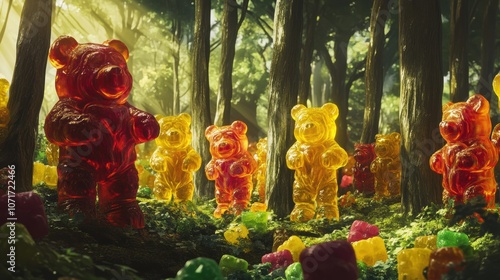 Explore the enchanting lollipop forest filled with gummy bear inhabitants