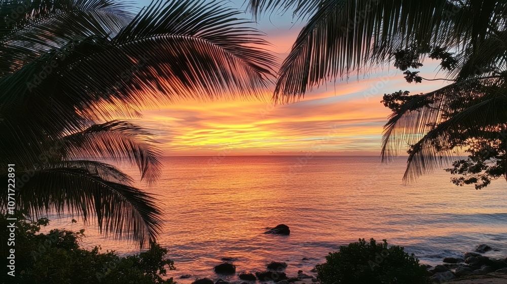 Fototapeta premium Coconut palms frame a perfect sunset view over tranquil waters in gigapixel high fidelity