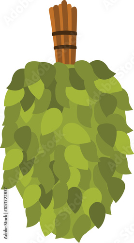 Cartoon bath broom made of green leaves and tied with rope, isolated on white background