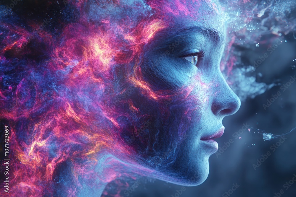 Fototapeta premium A woman's face is surrounded by swirling flames and smoke, creating a surreal and ethereal portrait.