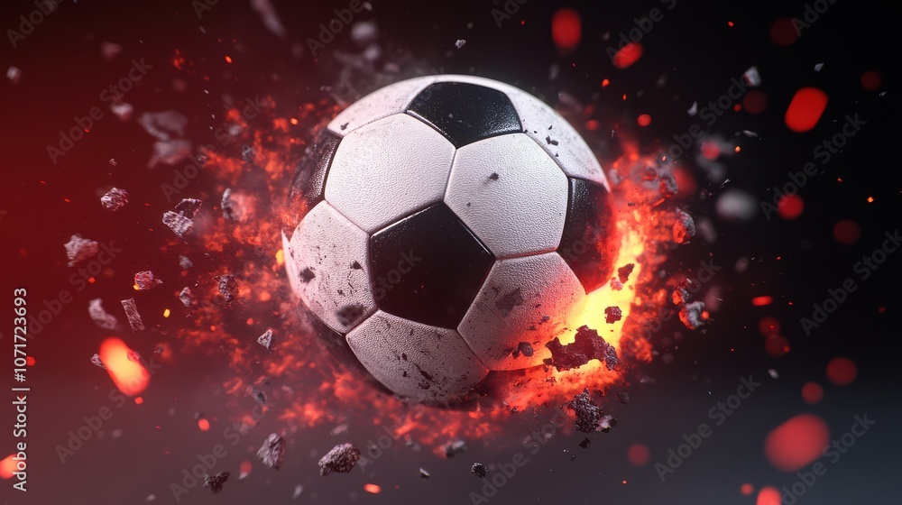 Naklejka premium Soccer ball strikes the net with incredible force creating an explosive impact that captures the essence of the game