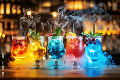 Refreshing alcoholic colorful fruit cocktails with ice, mint and berries on a bar counter, night club party with soft drinks