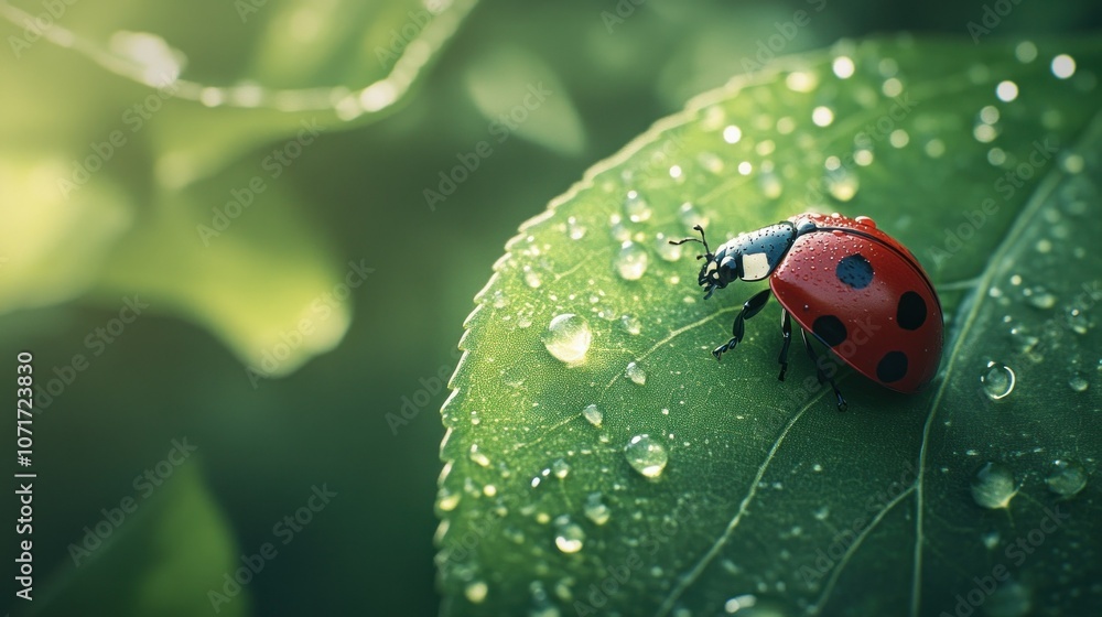 Fototapeta premium A tiny ladybug resting on a bright green leaf, its red shell dotted with perfectly symmetrical black spots, with dewdrops sparkling around it