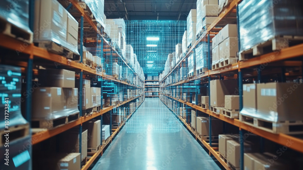 Modern warehouse, shelves filled with paper boxes, scanning data Modern warehouse, shelves filled with paper boxes, scanning data