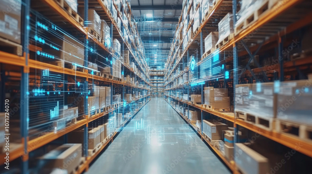 Modern warehouse, shelves filled with paper boxes, scanning data Modern warehouse, shelves filled with paper boxes, scanning data