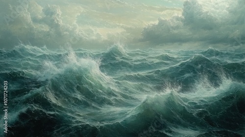painting of stormy sea, dramatic waves, cloudy sky.