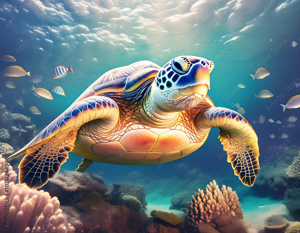 Obraz premium Giant turtle swimming in an amazing ocean full of life 
