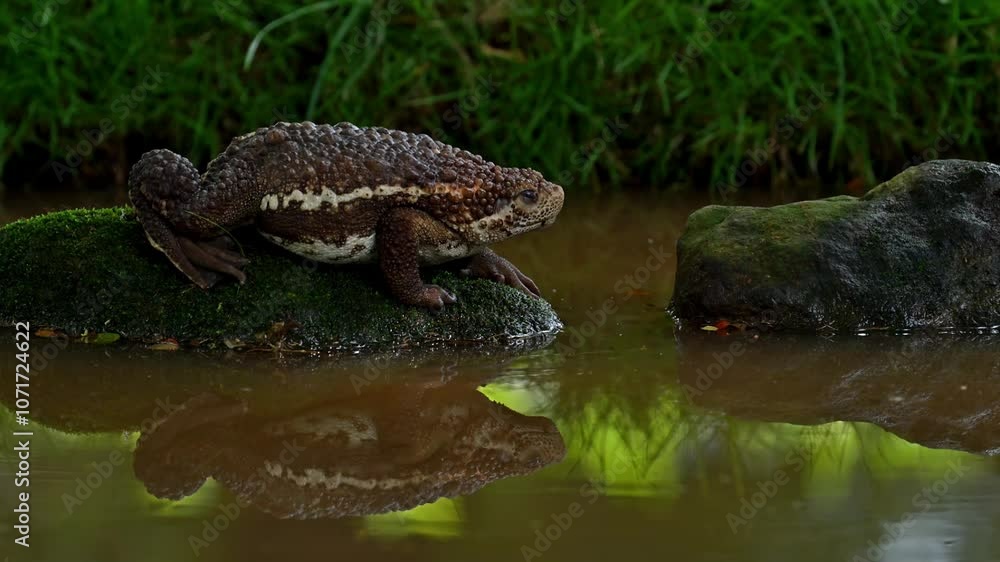 Pseudobufo subasper (or Suck Toad) and its reflection catching an insect as its prey by its tongue at high speed. This toad can only be found in peat swamps, Borneo island, Indonesia. Pseudobufo subasper (or Suck Toad) and its reflection catching an insect as its prey by its tongue at high speed. This toad can only be found in peat swamps, Borneo island, Indonesia.