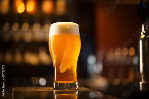 pint glass filled with golden craft beer, showcasing frothy head, sits elegantly on bar counter. warm ambiance enhances inviting atmosphere of setting photo