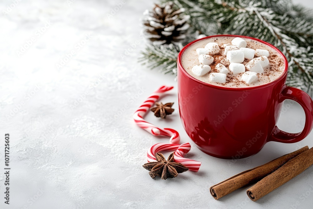 Red mug of hot chocolate with marshmallows, cinnamon sticks, and candy canes on table with pine tree branch, creating a festive winter scene. Red mug of hot chocolate with marshmallows, cinnamon sticks, and candy canes on table with pine tree branch, creating a festive winter scene.