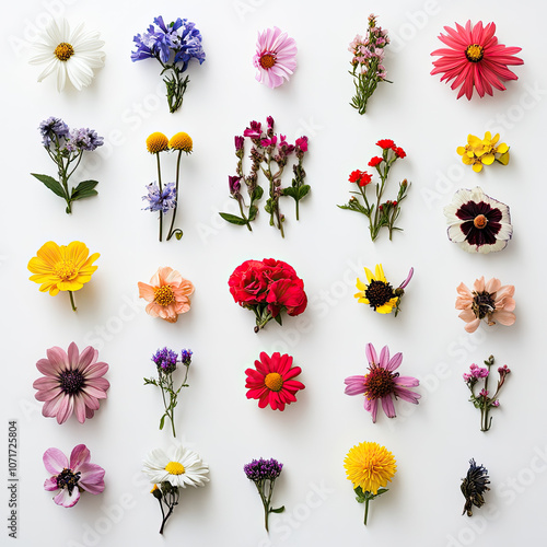 Collage of flowers, isolated, on a white background. Illustration for advertising products of plant origin. Template for postcards, packaging. Printing on fabric, paper.