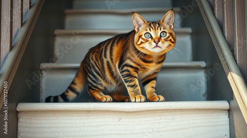 A tabby cat sits on a wooden staircase, looking up with curious eyes photo