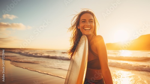 A joyful young woman with a surfboard smiles broadly as the sun sets over the waves, capturing the essence of surfing freedom. photo