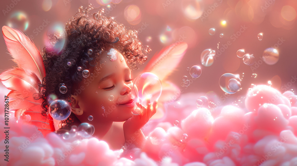 A little black angel girl lies in pink clouds and holds a soap bubble in her hand. Valentine's day. A symbol of love and romance. Cupid launches soap bubbles A little black angel girl lies in pink clouds and holds a soap bubble in her hand. Valentine's day. A symbol of love and romance. Cupid launches soap bubbles