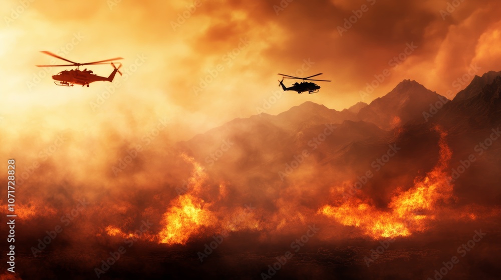 Fototapeta premium Dramatic Aerial Helicopter Flight Over Fiery Landscape Under Intense Sunset Skies